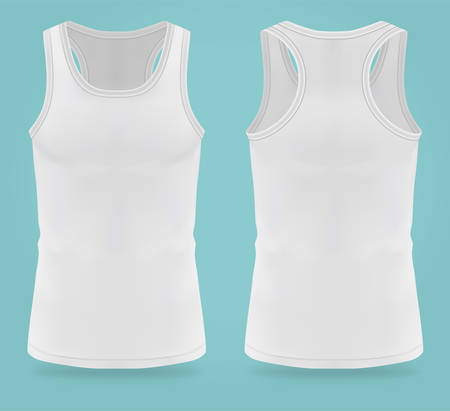 Isolated realistic white t-shirts for women sport. Mockup of woman t shirts for gym. Back and front...
