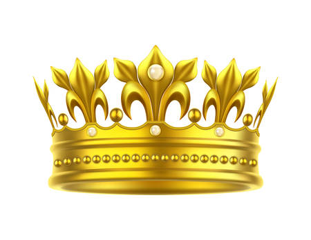 3d gold crown isolated. Realistic king or queen, prince or princess headgear. Medieval royal headdress icon. Marquis and duke, pope tiara. Game or award icon. Jewelry or heraldic theme, monarchy, headのイラスト素材