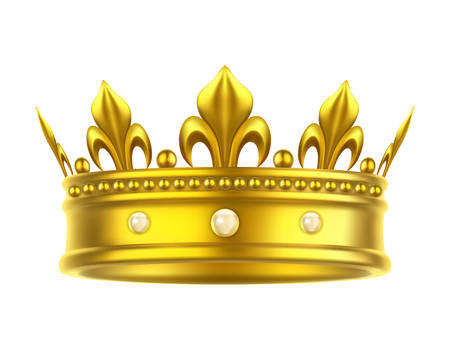 Golden isolated headdress or crown for king or queen, game award icon. Realistic or 3d gold headgear with diamonds for prince or princess, emperor or pope.Jewelry and royal, coronation and tiara themeのイラスト素材