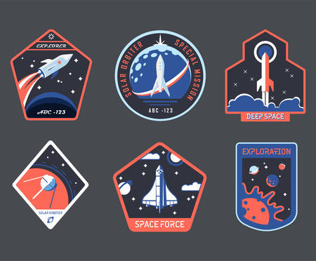 Set of isolated cosmos or universe concept chevron or astronaut patch, galaxy explorer stripe or cosmonaut retro badge. Logo with shuttle and rocket, satellite and solar system. Mars exploration themeのイラスト素材