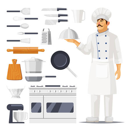 Set of isolated kitchen utensil and cook with hat and apron. Knife and spoon cutlery, cup dish and grater, pan and rolling pin, whisk and scraper, oven, saucepan. Culinary and food prepare, restaurantのイラスト素材