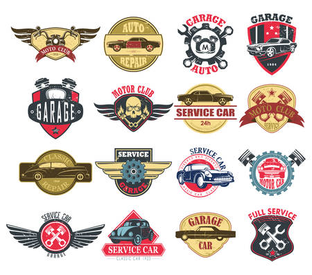 Set of isolated retro car service and vintage moto club, auto repair and garage signs or icons. Automobile diagnostic, fix, check or motorcycle maintenance sign with skull, cog. Classic vehicle signのイラスト素材