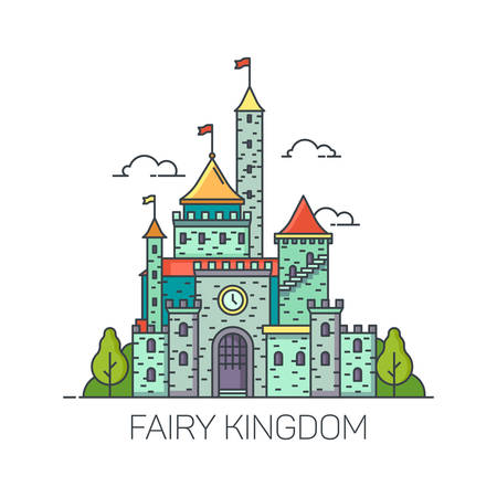 Cartoon fairy tale castle or flat cartoon kingdom fort, dreamlike princess fortress. Fantasy or fantastic building landscape. Dream colorful mansion or magic mansion. Children fairytale or kid storyのイラスト素材