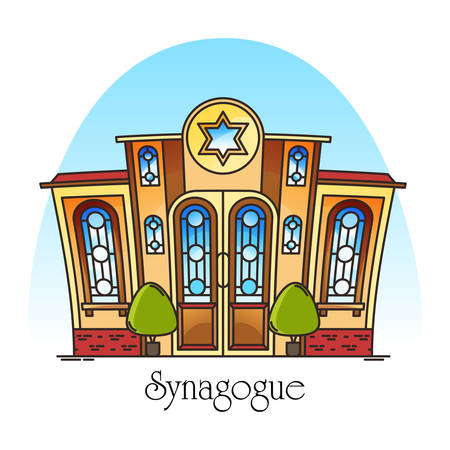Synagogue building or jewish temple. Town or city religious landscape. Facade or front of jew worship place. Hebrew or judaism construction with David star. Architecture and religion theme. Synagogのイラスト素材