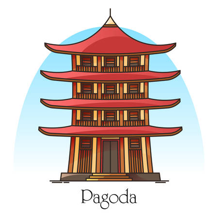 Japanese or chinese pagoda. China or Japan building with eaves. Religion tower panorama. Buddha or burma temple facade. Asian town or city worship place. Architecture and religion themeのイラスト素材