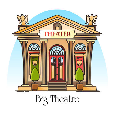Theater building with mask and angles. Culture structure in thin line. Construction for ballet and theatre performance, drama and opera. Exterior or outdoor view on building facade. City architectureのイラスト素材