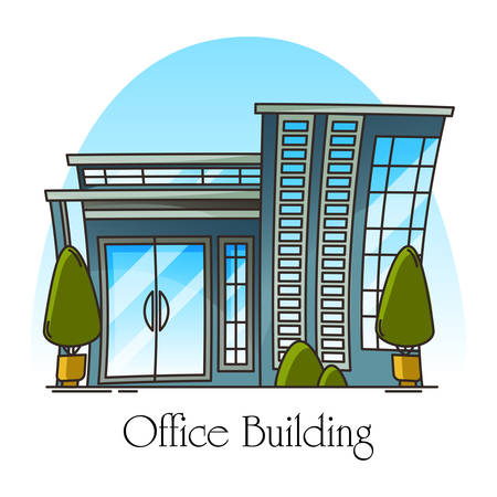 Modern office building or exterior, outdoor view on structure for local business. Glassware construction for work or job, urban panorama, facade of skyscraper for rent. Architecture themeのイラスト素材