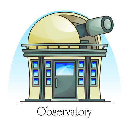 Planetarium building with telescope in dome. Observatory facade exterior or outdoor view. Science and astronomy, sky and cosmos, universe panorama. Construction or structure for planet observingのイラスト素材