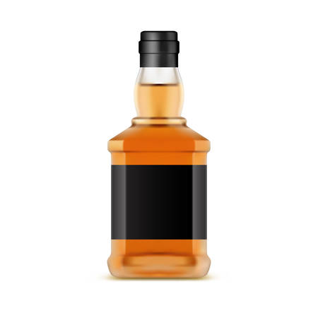 Whisky bottle or glassware jar of whiskey. Irish scotch or bourbon, liquor. Isolated container for alcohol with blank label. Alcoholic beverage for party, bar or pub. Background for store or shop saleのイラスト素材