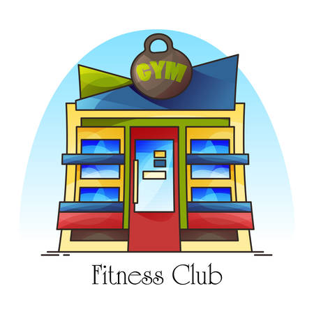 Fitness club building facade, gym front view with kettlebell or cartoon sport club, training center with sports weight, exercise construction for bodybuilding, city or town gymnasium for pilatesのイラスト素材