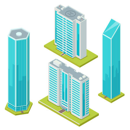 Set of isolated glass skyscraper or business center. Isometric buildings with helicopter landing pad or helipad platform on rooftop or roof. Icon for architecture office construction, exterior view.のイラスト素材