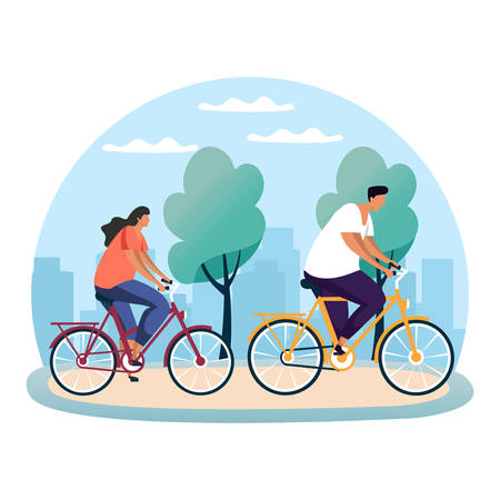 Park scene with woman and man on bicycle. Male and female couple riding on bike at forest or wood, Sport walk or exercise date, cycling activity. Flat and simple, cartoon people or friends.Nature walkのイラスト素材
