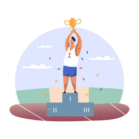 Winner man at podium with golden goblet or champion with gold cup at pedestal. Cartoon male leader with bowl at sport championship. First place award or prize.Athlete championship,sportsman tournamentのイラスト素材