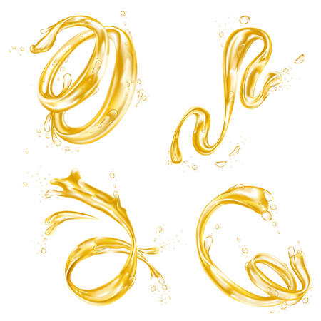Yellow liquid splash and abstract flow drops, vector realistic isolated 3d on white background. Yellow wave swirls and drip flow splashes of fruit juice, honey or transparent cosmetic oil with bubblesのイラスト素材