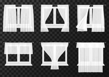 White curtain drapes on window frames, vector realistic icons. Transparent fabric curtain with folds, closed, pen and waving on wind blow on modern plastic or wood windowsのイラスト素材