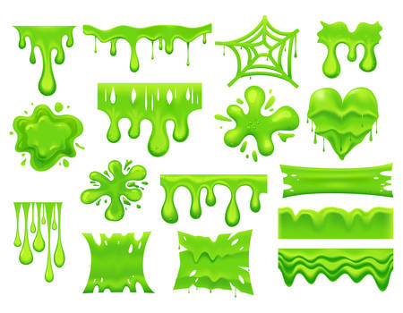 Set of isolated green slime drip or spooky blob, dripping paint or dirty liquid, pouring mucus. Splash and smudge, poison stain, radioactive or toxic splatter background. Goo or bacteria. Halloweenのイラスト素材