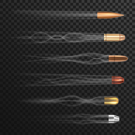 Realistic flying bullets with smoke trail. Set of isolated gun fire on transparent background. Rifle, weapon fiery trace. Different caliber of 3d projectiles. Shoot and military, army and shooting,のイラスト素材