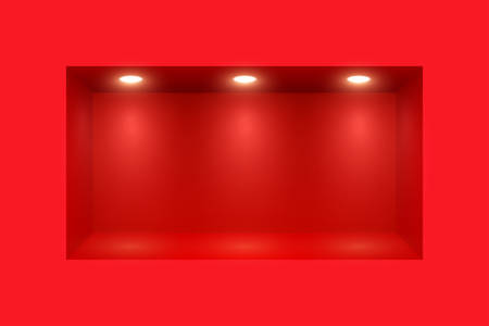 Wall with realistic light and place for exhibition product. Spotlight and red lightbox with perspective. Studio scene or showroom light box. Empty platform or podium. Illumination backdropのイラスト素材