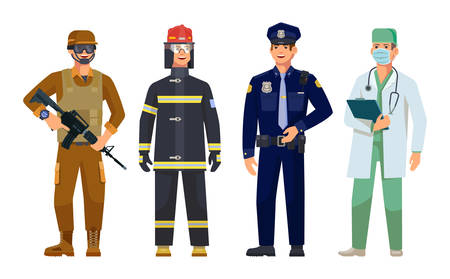 Men professions doctor, policeman, fireman and military guard vector isolated characters. Firefighter in protective uniform, police sheriff, therapist with stethoscope and soldier with shotgunのイラスト素材