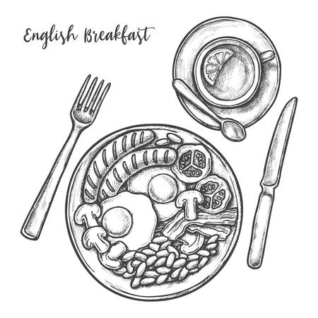 English breakfast menu, vector sketch illustration of restaurant menu. Hand drawn sketch of traditional English breakfast eggs, bacon and grilled sausages with baked beans and tea with lemon