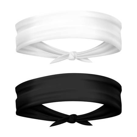 Band for head isolated. Realistic headband for sport. Man and woman blank template of head clothing, kerchief sportswear for bike. Set of isolated 3d blank apparel. Cloth and fashion, sweatbandのイラスト素材