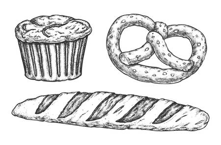 Sketch of kringle and baguette, cake with raisins. Hand drawn loaf of bread isolated. Vector illustration for bakery and harvest, vegetarian food. Challah and pretzel. Bun with grain. Meal and foodのイラスト素材