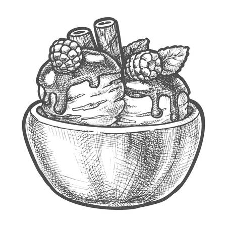 Sketch ice cream scoops, strawberry, wafer sticksのイラスト素材