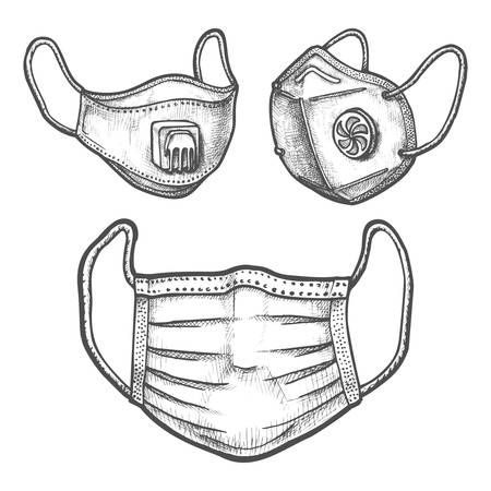 Set of surgical mask and face respirator sketchのイラスト素材