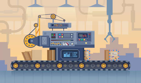 Conveyor belt, factory production line, cartoon vectorのイラスト素材