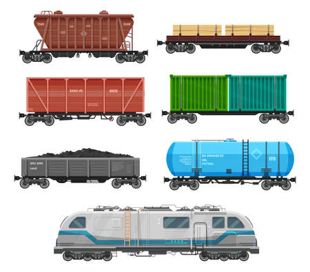 Train freight wagons, cargo box car containersのイラスト素材