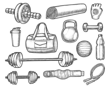 Vector sketch of gym, aerobics, powerlifting equipmentのイラスト素材