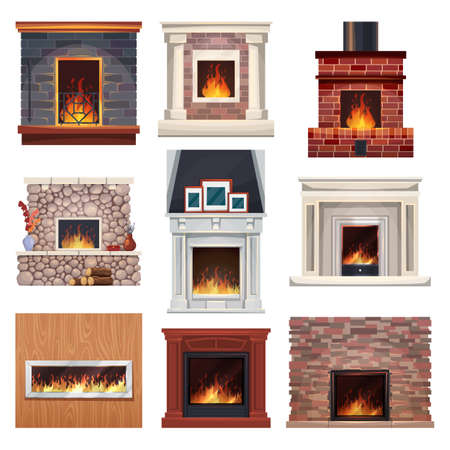Fireplace and fire place wood, home interior decorのイラスト素材