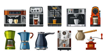 Coffee maker machines, cafe barista brewing toolsのイラスト素材