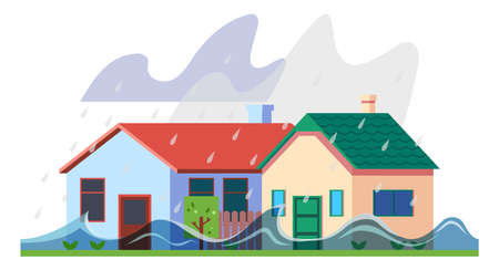 Rain storm flood and house, natural disasterのイラスト素材