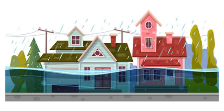 Flood and houses, rain storm natural disasterのイラスト素材