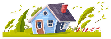 Hurricane or storm wind, typhoon destroying houseのイラスト素材
