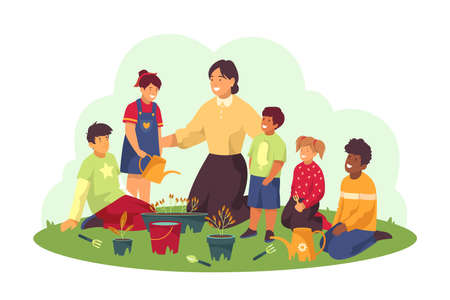 Kids study gardening in kindergarten vector bannerのイラスト素材