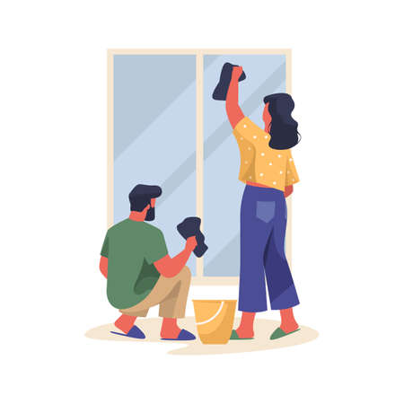 Window washing or room housework, vector bannerのイラスト素材