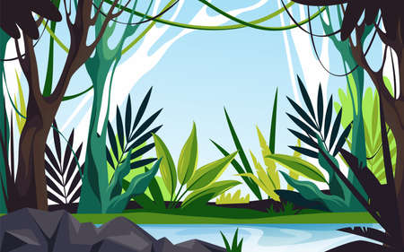 Jungle landscape or rainforest scape vector bannerのイラスト素材