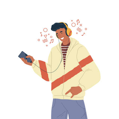 Guy teen listening a music, vector icon or clipartのイラスト素材