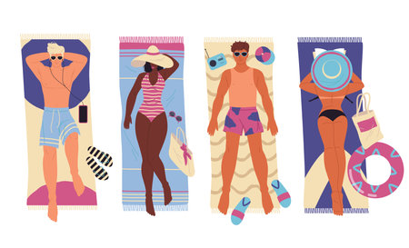 People sunbathing on a beach, vector banner.のイラスト素材