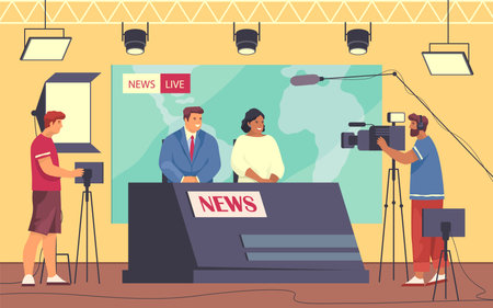 Reportage in studio news, broadcast, vector bannerのイラスト素材