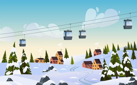 Ski resort scenery with cableway or cable railway.のイラスト素材
