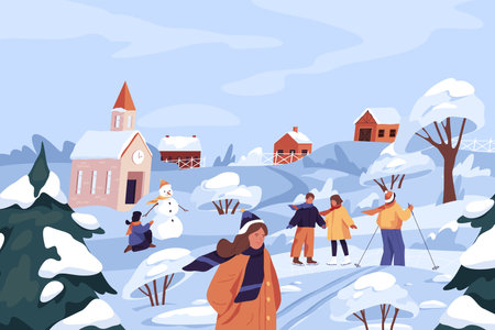 Winter recreation or fun outdoor activity, vectorのイラスト素材