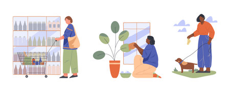 Shopping, pet care and housework, vector cliparts.のイラスト素材
