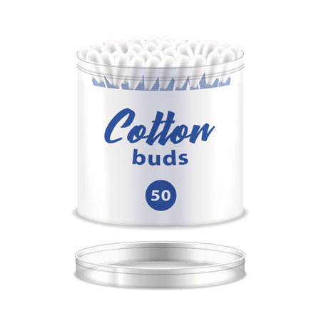 Isolated cotton swab or bud pack. Realistic ear stick package. Hygiene or medical tool for clean ears. Mock or close up for individual health utensil. Bathroom healthcare, hygienic theme. Toiletries.のイラスト素材