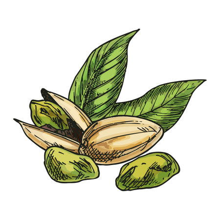 Pistachio nut hand drawn image. Vector sketch of vegetarian food. Nutty salty snack or vegan nutrition. Edible natural vitamin ingredient. Agriculture and harvest, culinary and cook, botany theme.のイラスト素材