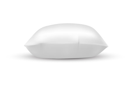 Side view on blank pillow for creative print. Mockup or closeup for furnishing marketing and promotion. Interior element for bedroom and bed. Realistic product for bedding and living room. Furniture.のイラスト素材