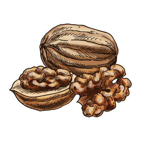 Sketch vector image of walnut. Nutritious nut hand drawn. Kernel ingredient for vegan diet. Nutrient for vegetarian food. Agriculture and farming, grocery and cooking, culinary and botany themeのイラスト素材