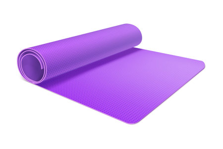 Isolated yoga mat for gym. Vector clipart of rolled rug for pilates. Carpet for meditation or fitness training, camping or physical activity. Matt for gymnastics or aerobics. Workout, body flexibilityのイラスト素材
